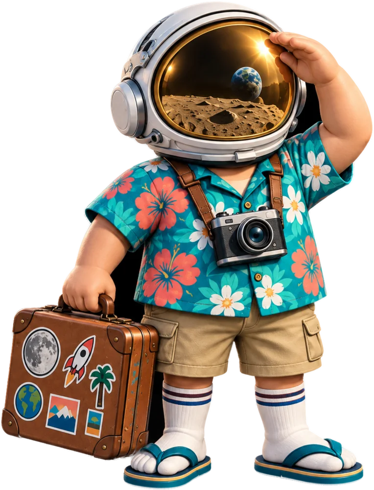 $TOURIST, a space tourist in a Hawaiian shirt and helmet, watching the rocket leave